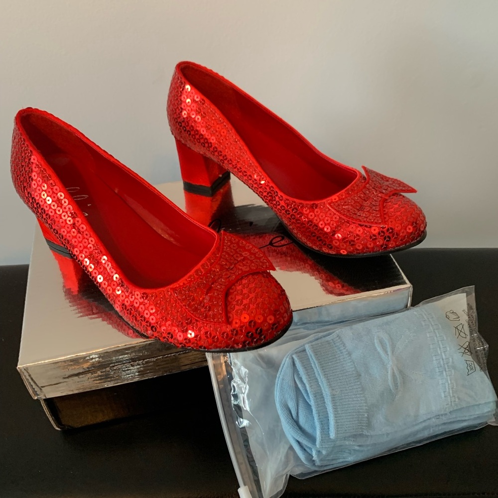 Ruby red slippers, like new size 7, with blue ankle socks